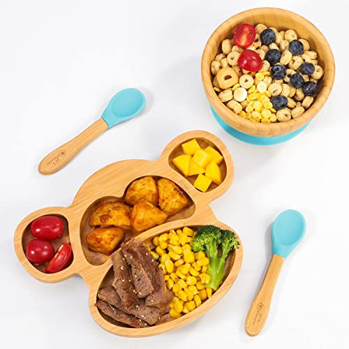 Vinsani Baby Bamboo Weaning Set, Suction Plate, Bowl & Spoon for Toddler | Food-Grade Silicone Baby Feeding Set, Non-Slip Base Bowl, BPA-Free Wooden Dinnerware for Kids, Monkey Themed - Blue