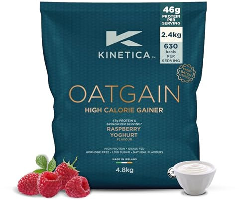 Kinetica Sports OatGain Mass Gainer–Raspberry Yoghurt, 4.8Kg, 30 Servings | 46g Protein, 78g Carbs & 620 Kcal/Serve |Optimum Bulk Weight Gain Whey Protein Supplement | WADA & Informed Sport Approved