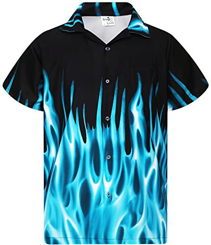 King Kameha Funky Hawaiian Shirt, Men, Shortsleeve, Flames, Turquoise, L