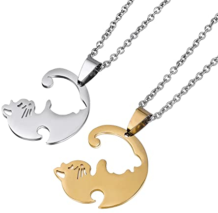 2 pièces pendentifs de chaîne de pour couples, chaînes d'amitié d'amour meilleurs amis chat de gravure de chaîne hasl, partenaires de bijoux pour BFF meilleurs amis amoureux cadeaux (or argent)