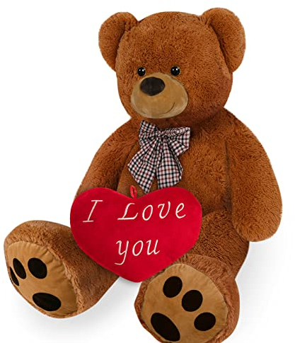 Monzana® Teddybär mit Herzkissen XL 100cm Braun Weich Dichtes Fell Schleife Tatzen Ich Liebe Dich Geschenk Valentinstag Plüschbär Kuscheltier Bär