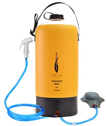 AFISHTOUR Tragbare Camping-Duschtasche - 10L/2,2 Gallonen Solar-Duschwasserbeutel mit Fußpumpe, Schlauch und Duschkopf - Campingdusche für Camping,Strand, Reisen,Outdoor-Aktivitäten(Gelb)