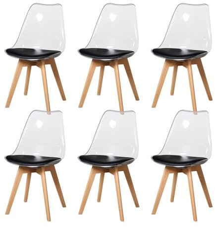 HJhomeheart Lot de 6 Chaises de Salle à Manger Transparentes Modernes, Chaises de Salle à Manger Rembourrées Amovibles, Chaises de Cuisine Design Scandinave (PU-Noir)