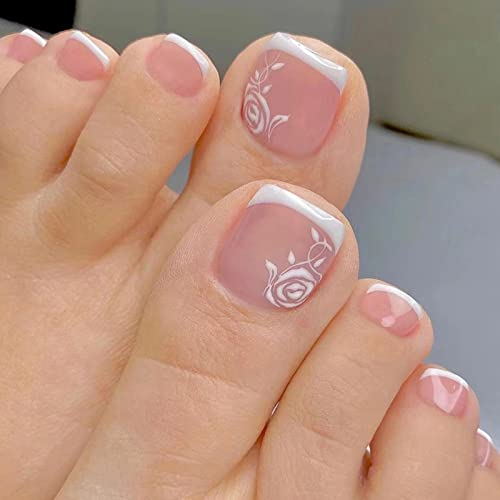 Yatinkim French Tips Press on Toenails 24 Pcs Acrylic Foot False Nails Square Fake Toe Nail Rose Detachable Stick Manicure Decoration for Women Girls