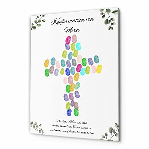 Fingerabdruck Leinwand Kommunion & Konfirmation - personalisiertes Gästebuch für Erstkommunion Taufe Konfirmation - Fingerprint Leinwände für Mädchen & Jungen - besonderes Geschenk (Kreuz)