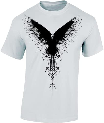 Baddery Wikinger T-Shirt Herren - „Schattenrabe“ (Weiß L) | Viking Shirt Männer - Nordisches Raben Shirt