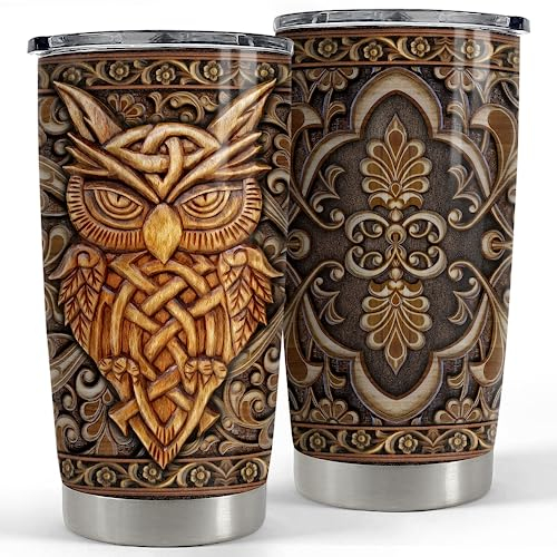 SANDJEST Owl Tumbler 20oz Owls Wood Drawing Stainless Steel Insulated Tumblers Coffee Travel Mug Cup Gifts for Women Men Owl Gift for Birthday Christmas