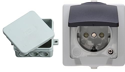 Kopp Abzweigkasten Aufputz-Feuchtraum IP 54 85x85x40 mm & Nautic 1-fach Schutzkontakt-Steckdose mit Klappdeckel und erhöhtem Berührungsschutz, Aufputz-Feuchtraum, IP44, grau