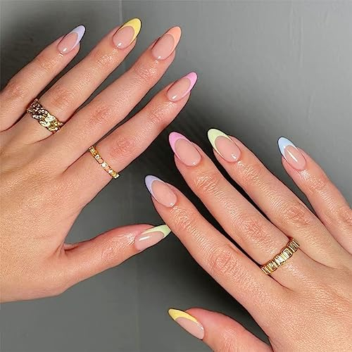 French Tip Press on Nails Rainbow Fake Nails Almond False Nails Glossy Fake Nails Full Cover Short Nails Art for Women and Girls Daily Decoration 24 Pcs