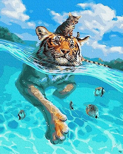 Artnapi Malen nach Zahlen Erwachsene mit Rahmen | DIY Handgemalt | Tiger im Wasser | Kit für Anfänger und Erwachsene | Set inklusive Acrylfarben & Pinsel | 40x50cm Leinwand | Ideal als Geschenk