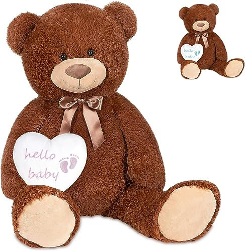 BRUBAKER XXL Teddybär Braun 100 cm mit Hello Baby Herz Rosa - Kuscheltier Geschenk für Geburt, Babyparty und Neugeborene Mädchen - Stofftier mit Herzkissen - Plüschtier mit Schleife