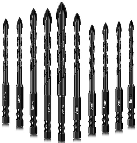 10 Pcs Masonry Drill Bits,Concrete Drill Bit Set,Tile Masonry Drill Bits Set with 1/4inch Hex Shank Precise for Brick, Plastic and Wood, Wall Mirror, Paver on Concrete or Brick Wall (5-12mm)