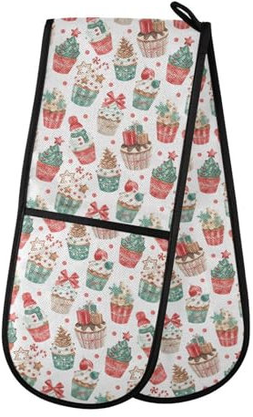 Double Oven Gloves Christmas Cupcakes Heat Resistant Pot Holder Oven Mitt Gloves for BBQ Cooking Baking Grilling Microwave