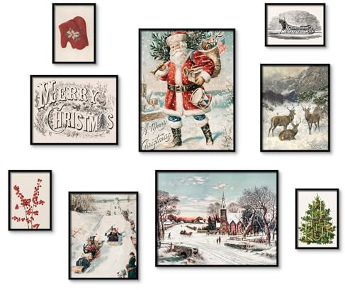 ARPEOTCY Vintage-Weihnachtsposter, Dekoration, Weihnachtsmann, Elch, Winterlandschaft, Wandbilder, Drucke, 9 Stück, inklusive 27,9 x 35,6 cm, maximalistische Winterzimmer-Dekoration,