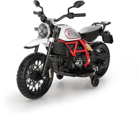 Smart BeBe Kinder Elektro-Motorrad Ducati Scrambler 12V Batterie Geschwindigkeit MP3 Sound und Lichter 3-8 Jahre Kindermotorrad mit Stützrädern (Weiß)