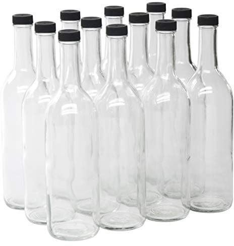 North Mountain Supply Botella de vino de cristal transparente burdeos de 750 ml, con parte inferior plana, acabado de rosca, con tapas de plástico negro de 28 mm, caja de 12