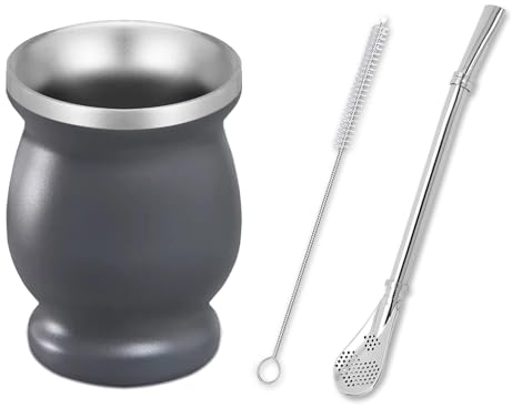 Set Mate, Taza de Mate, con Pajita y Brocha, Adecuado para el Hogar, la Escuela y la Oficina, Gris
