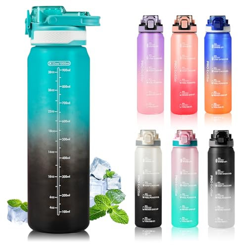 SEASEVEN Sports Water Bottle 1L,Plastic Drinks Bottle,1 Litre Water Bottles with Time Markings,Waterbottle Leak-Proof & Bpa-Free for Gym,Office, Outdoor(No Straw) (Cyan-Black)