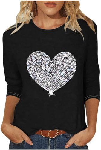 tsaChick Blusenshirt Damen Langarm Valentinstag Shirt Rundhals 3/4 Ärmel Damen Lose Blusenbody Damen Nachthemd Pull On Herz Langarmshirts für Damen Tops FüR Damen Bauchfrei Sexy LTA69