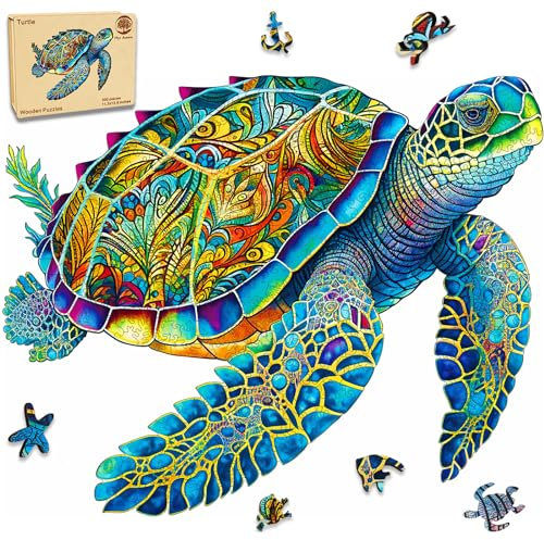 Mys Aurora Wooden Puzzles, Sea Turtle 200 Piece Jigsaw Puzzles,Unique Animal Shape Wooden Puzzles for Adults and Kids, Colorful Puzzles Gift for Family Game and Home Decor 28.5x23.4cm