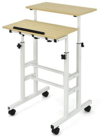 CASART Height Adjustable Rolling Computer Desk, 2-Tier Standing Desk with Wheels & Tilting Top, Home Office Computer Workstation Mobile Laptop Table for Bedroom Study Small Spaces (Natural)
