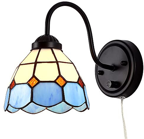 Tiffany Applique murale avec interrupteur à intensité variable, style industriel vintage col de cygne avec câble Plug in Cord, abat-jour en verre coloré bleu lac, parfaite pour chambre à coucher,