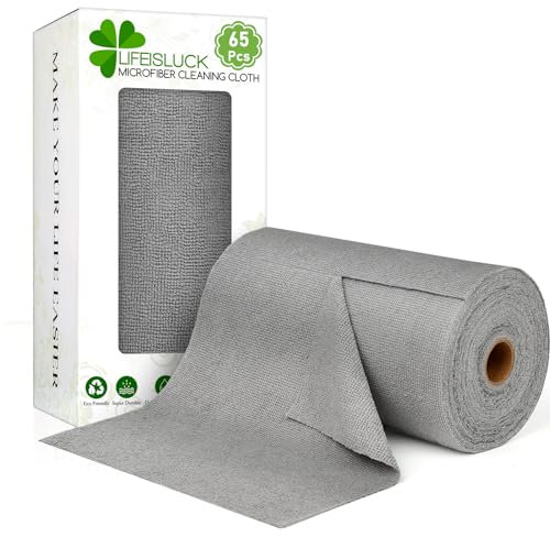 LifeisLuck Lot de 65 chiffons en microfibre en rouleau, 25,4 x 25,4 cm, réutilisables, lavables et indéchirables pour voiture, maison, garage, cuisine, salle de bain, fournitures de nettoyage non