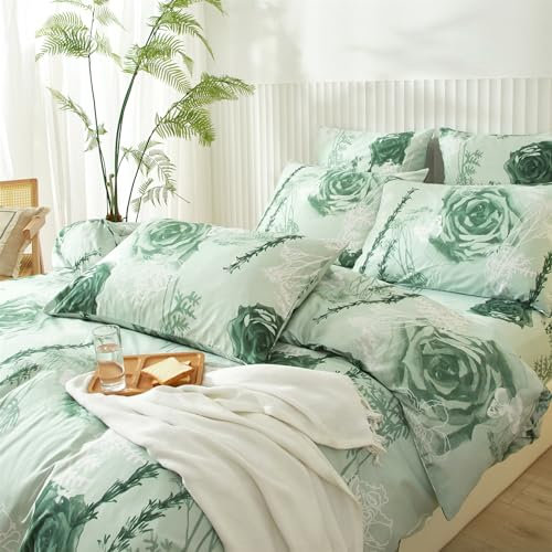YASMENG Bettwäsche 135x200 Blumen Motiv Grün Weiß Rose Floral Bettwäsche Aesthetic Blumen Bettwäsche Weich Kuschelig Mikrofaser Bettwäsche 2teilig mit Reißverschluss und 80x80 cm Kissenbezug