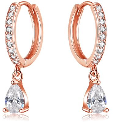 Josfeva 925 Sterling Silver Hanging Earrings for Women Girls, Drop Huggies Hoop Earrings with Pendant Cubic Zirconia Teardrop Hypoallergenic Earrings, Rose Gold Dangle Dangling Earrings with Zirconia
