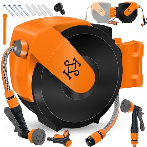 KESSER® Avvolgitubo con Tubo da Giardino 35 m, a Parete, Avvolgitubo girevole a 180° e a rientro automatico, Portagomma a Parete con Doccia a mano a 7 funzioni, Nero/Arancione