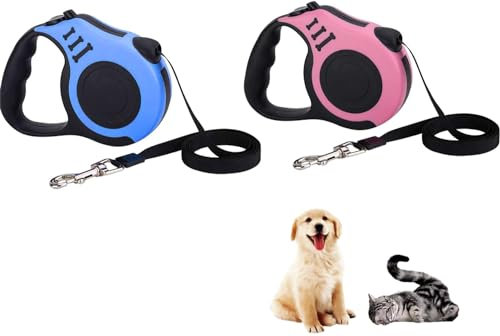 STOUCLA Einziehbare Hundeleine, Kleiner Hund, Rollleinen Anti-Rutsch Griff mit Brems, 5Meter blau+5meter Rosa, 2Pack