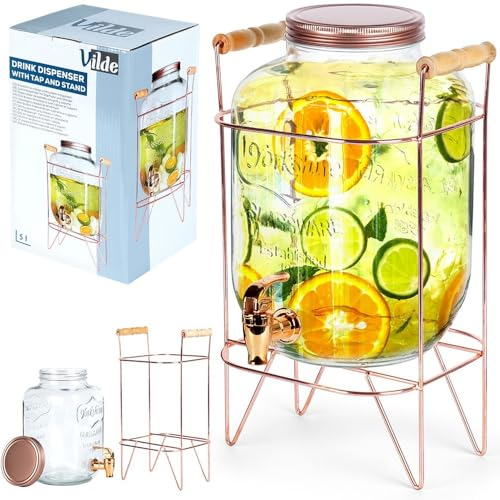 Distributeur de boisson en verre avec robinet et support doré 5 l