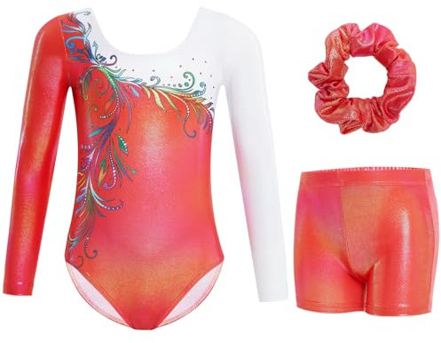 Gogokids Ensemble De Justaucorps de Gymnastique a Manches Longues Trois Pièces pour Filles - Tenues de Gymnastique pour Enfants avec Design a Sequins Dégradés, Unitards de Ballet pour 8-9 Ans