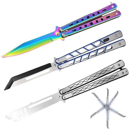 GAOUTO 3 Stück Butterfly Trainer, Butterfly Messer zum Üben Ungeschärfte Klinge Übungs Kamm Edelstahl für Trainingsmesser Anfänger Flipping Tricks üBt(Hohler blauer + Hai + Farbbogen)