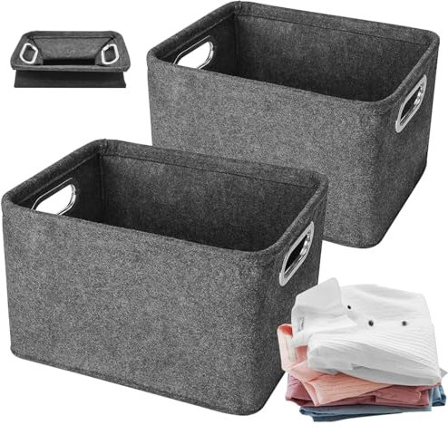 Cyiecw 2 Stück Filzkorb Aufbewahrung mit Griffen, Faltbarer Aufbewahrungsbox Filz, Verdickter Aufbewahrungskorb für Kleidung Handtücher Accessoires und Kinderspielzeug (Dark Grau)