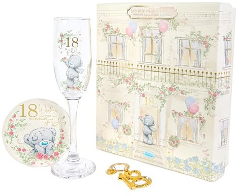 Me to You Tatty Teddy 18th Birthday Gift Set Includes Champagne Glass, Coaster & Keyring Bottle Opener in Luxury Gift Box - Signature Collection, Gold