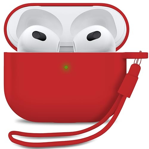 MyGadget Custodia in Silicone per AirPods 3a Generazione - [ Compatibile con Qi ] con Braccialetto in Silicone - Custodia Protettiva Morbida - Rosso