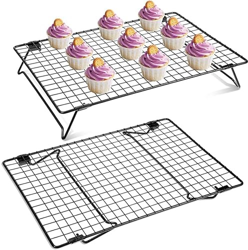 2 Pcs Cooling Rack for Baking and Cooking 13.4x9.4 inch , Carbon Steel Stackable Cookie Cooling Rack with Collapsible Legs , for Grilling, Wire rack for baking sheet Baked Goods Cake Cookie gadgets