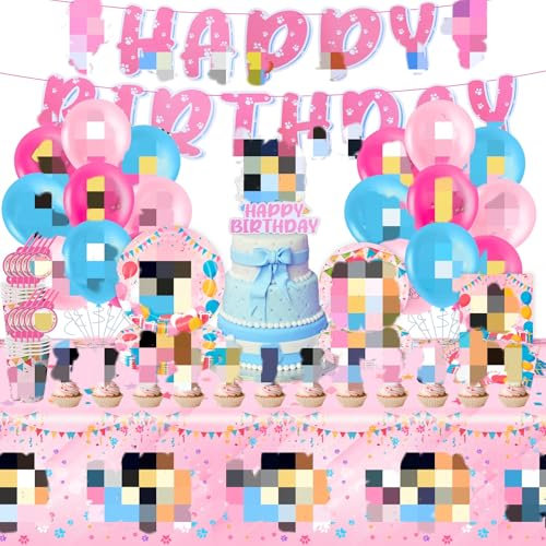 Dekewe Pink Dog Themed Birthday Party Decorations Supplies for 10 Guests, Kids Party Tableware Set with Plates, Cups, Napkins, Tablecloth, Happy Birthday Banner, Cake Toppers