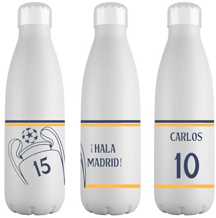 Mookase Botella Personalizada del Real Madrid Futbol con Nombre- Botella del Real Madrid - Botella de Acero Inoxidable 700 ml- Botellas Equipo de Futbol - Regalo Original - Botella para niño y niña