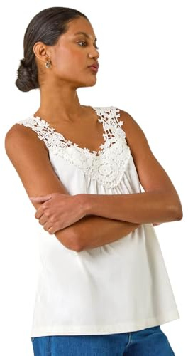 Roman Originals Crochet Trim Vest Top for Women UK - Ladies Everyday Holiday Spring Summer V-Neckline Comfy Soft Evening Vacation Work Party - Ivory - Size 12