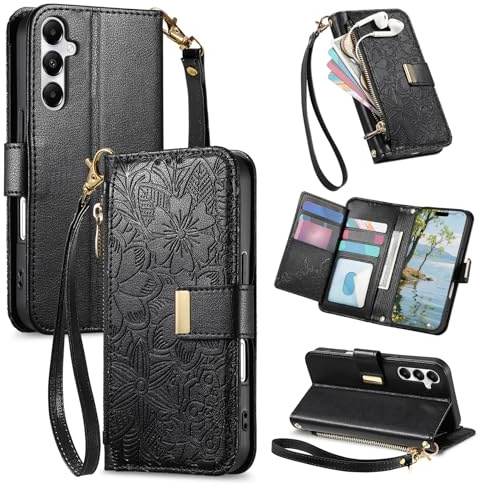 VEEMOS Handyhülle für Samsung Galaxy S25 5G Hülle Klappbar Leder Klapphülle mit Reißverschluss Kartenfächern Ständer Band Blumen Prägung Schutzhülle Damen Wallet Flip Case - Schwarz