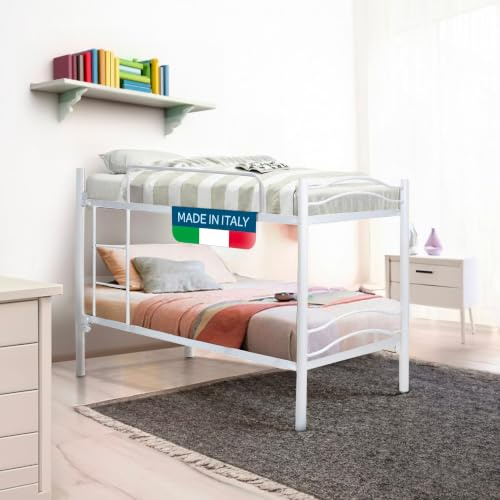 DOLCI SOGNI Letto a Castello per Adulti, Scomponibile in 2 Letti Singoli, Struttura Bianca con Materasso e Cuscino, Adatto ai Bambini, Letto per Ospiti, Ostelli, Dormitori e Camerette, 205x80x150cm