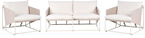 Beliani Low Oversized Sofa and 2 Chairs Set Metal with Seat Backrest Cushions Indoor Outdoor Furniture Garden Taupe Ponte