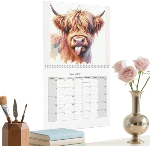 Highland Cow Kalender 2026, schottische Hochlandkuh 2026 Wandkalender, niedliche -Wandkalender, 12 Monate, Heimdekoration, Monatsplaner, für Organisation und Planung, Büro, Weihnachten