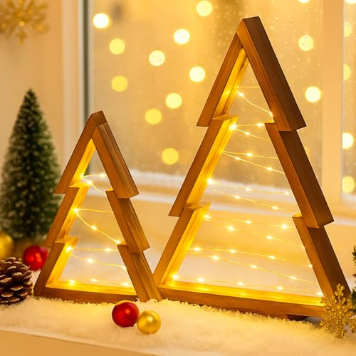 Weihnachtsdeko Holz LED Beleuchtung Weihnachtsbaum, 2 Stück Beleuchtet Holz Weihnachtsbaum mit LED Lichterkette, Weihnachtsdeko Tannenbaum für Tischdeko Weihnachten Deko Innen Außen
