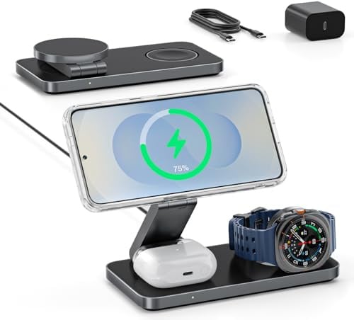 3-in-1 Ladestation für Samsung, Faltbar Kabelloser Ladegerät für Galaxy S26/S25/S24/S23/Z Fold/Flip Serie, Galaxy Watch Ultra/8/7/6/5, Galaxy Buds Pro/3/2, Nicht für Watch 9/Ultra 2
