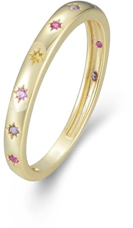 Skcess 9K Gelbgold Damen Ring, Wedding Ring Synthetischer Saphir Mehrfarbig Größe 54 (17.2)