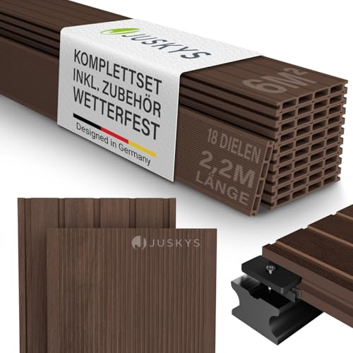 Juskys WPC Terrassendielen 6 m² – 220 cm Dielen, wetterfest & pflegeleicht, inkl. Unterkonstruktion, Clips & Schrauben, rutschfest für Terrasse & Balkon – Braun