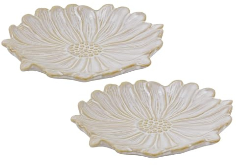 Carousel Home Set of 2 White Flower Trinket Dishes, 13cm Ceramic Daisy Shaped Jewellery Dishes Ring Holders Decorative Bowls